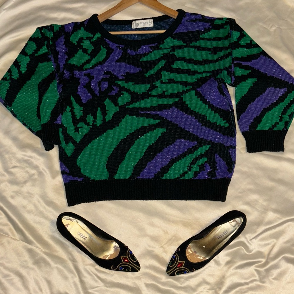 Vintage 80s Metallic Abstract Sweater – Green, Purple  Black –Size Medium